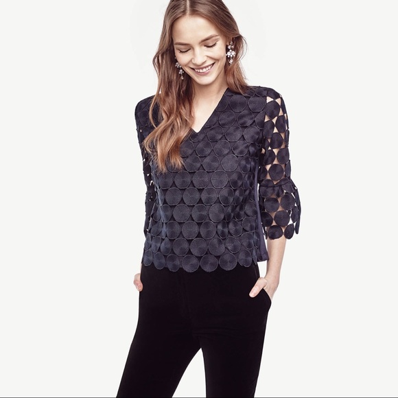 Ann Taylor Circle Lace Flare Sleeve Top Navy - Picture 2 of 11